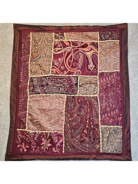 Beaded Sequin Tapestry Wall Hanging Patchwork Embroidery Bohemian India 35"x29"